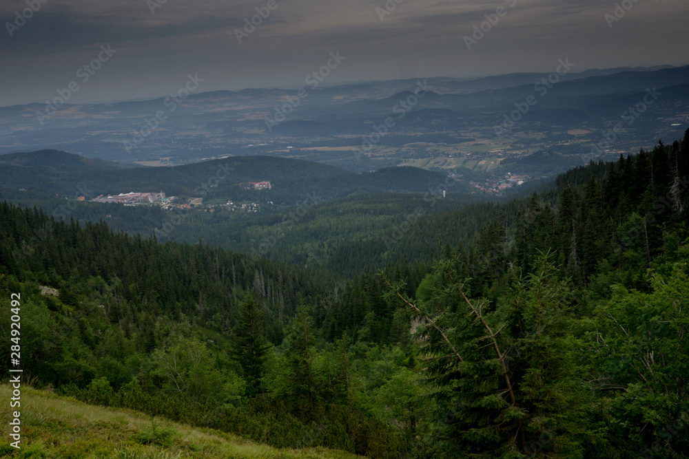 the vief of the Rudawy janowickie mountains from the Giant Mountains in Poland