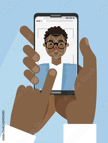 Facial recognition. Face ID, face recognition system. Two afroamerican Hands holding smartphone with black male human head on screen. Flat design graphic application elements. Vector illustration