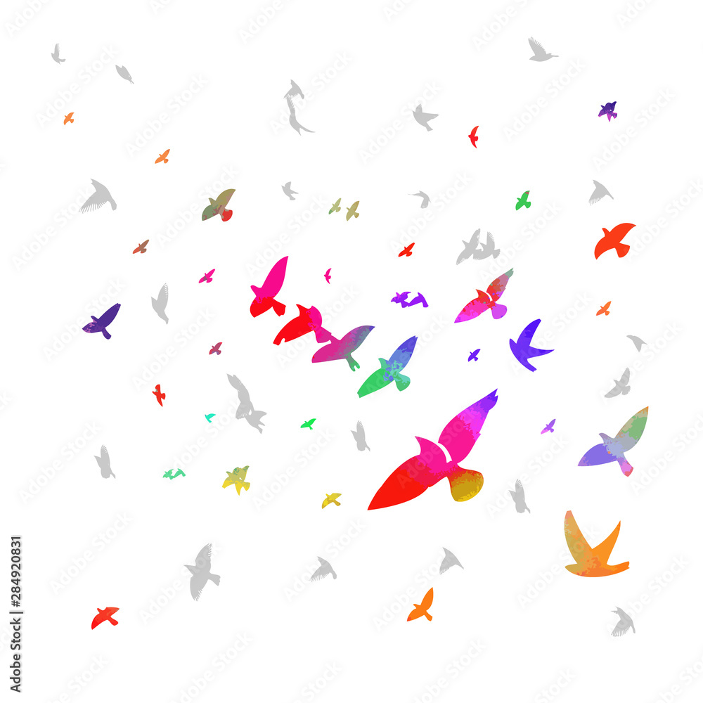 Multi-colored birds. A flock of flying rainbow birds. Vector illustration Multi-colored birds. A flock of flying rainbow birds. Vector illustration