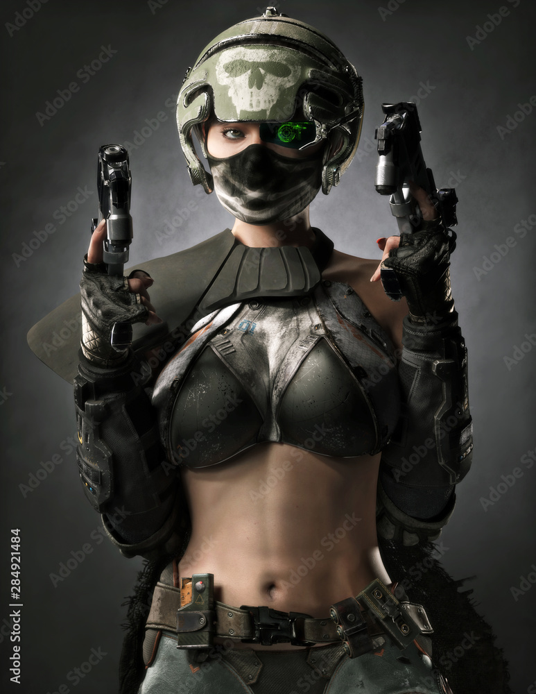 Fototapeta premium Portrait of a sexy female futuristic sci fi bounty hunter with two laser pistols.Warrior is armored with an exposed mid section , helmet with a reticle locked on to the viewer and a cape. 3d rendering