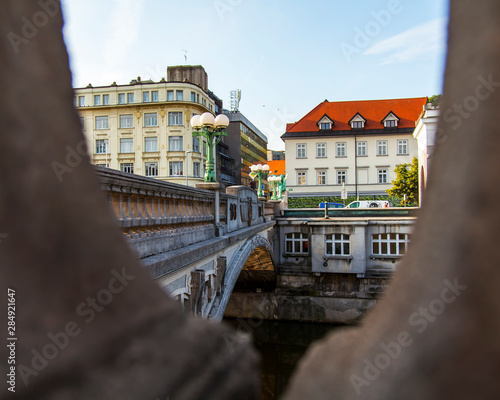 Ljubljana, Slovenia, August 5, 2019. picturesque dragon sculpture adorns Zmajski most photo