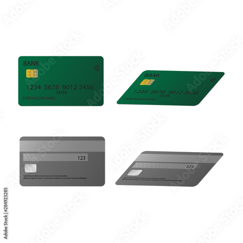 The Bank card is green. Front, rear and inclined view.Vector illustration on white background.
