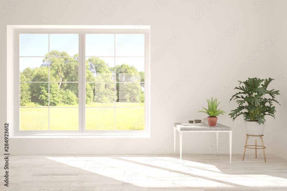 Fototapeta premium Stylish empty room in white color with summer landscape in window. Scandinavian interior design. 3D illustration