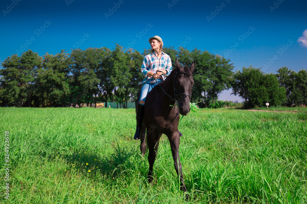  Woman and horse, landscape, green field,  racing