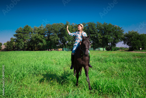  Woman and horse, landscape, green field, racing