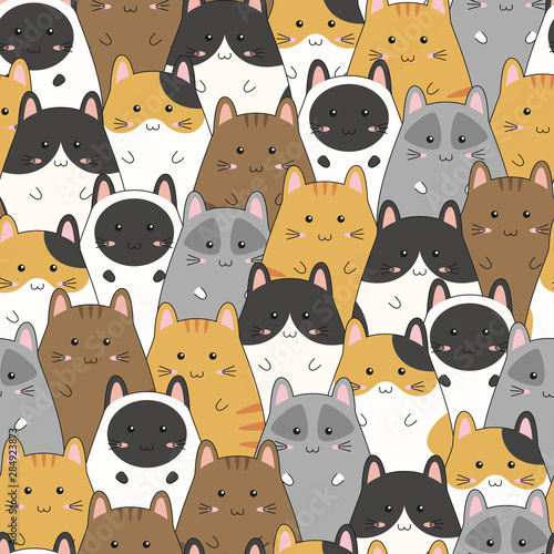 Seamless pattern with cute kitten family cartoon, vector illustration
