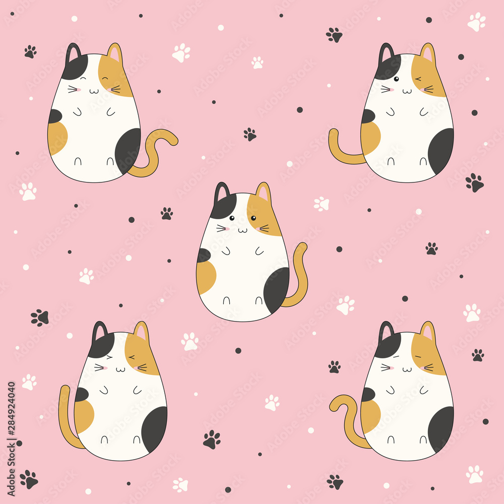 Fototapeta premium Set of cute kitten cartoon on pink background, vector illustration