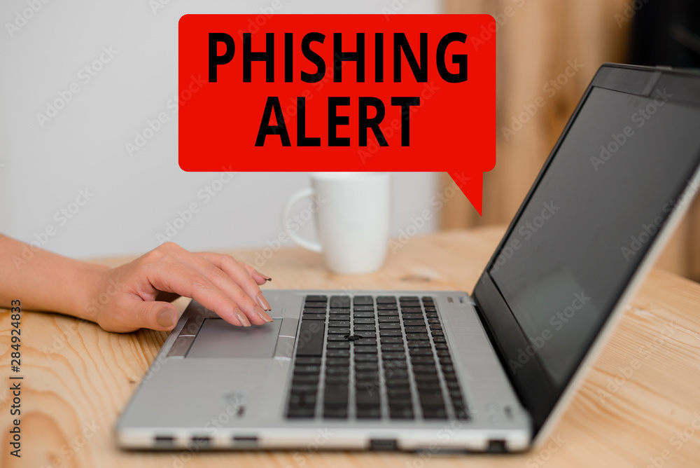 Text sign showing Phishing Alert. Business photo showcasing aware to fraudulent attempt to obtain sensitive information woman laptop computer smartphone mug office supplies technological devices Text sign showing Phishing Alert. Business photo showcasing aware to fraudulent attempt to obtain sensitive information woman laptop computer smartphone mug office supplies technological devices
