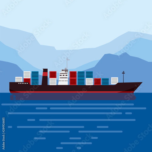 Cargo ship tanker with containers in the ocean. Delivery, transportation
