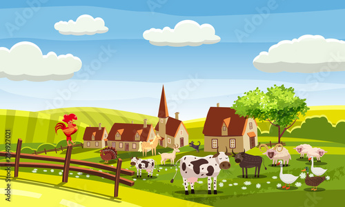 Rural farm landscape with green fields hills and farm village buildings animals cows sheeps ram gose duck cock bull turkey