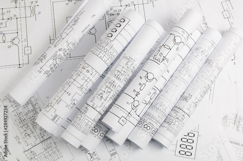 Electronics and Engineering. Printed drawings of electrical circuits. Science, technology and electronics.