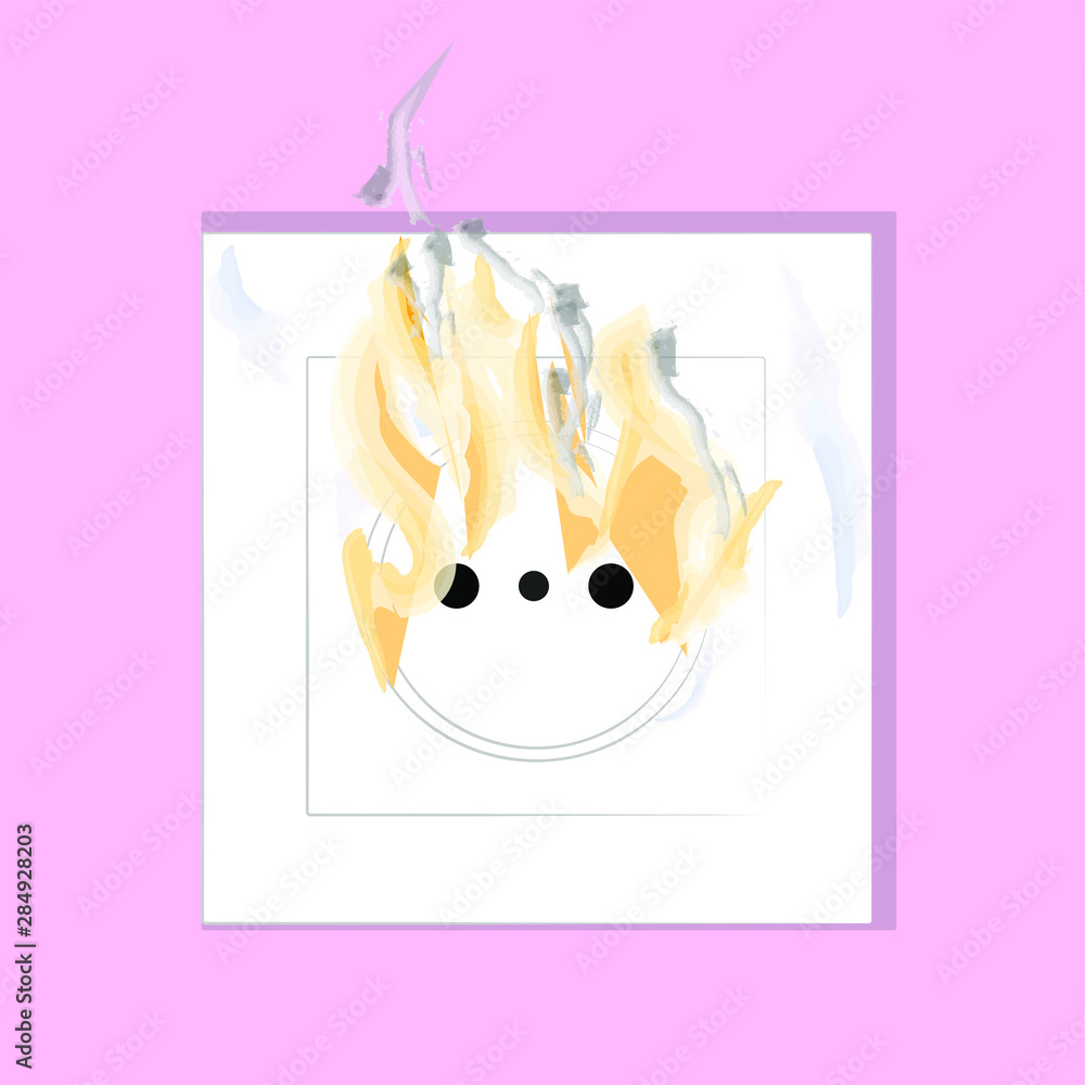 Electrical socket with a fire safety violation. Faulty electrical wiring fire leads to majority of fire. Loose contacts of electric outlets is a common catalyst. Vector illustration on pink background