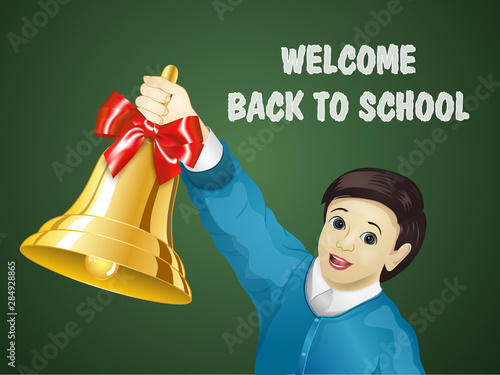 Cartoon welcome back to school banner. Pupil boy ringing school golden bell with ribbon bow.  Vector illustration