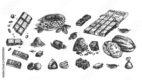Chocolate bars, pieces, cocoa beans set