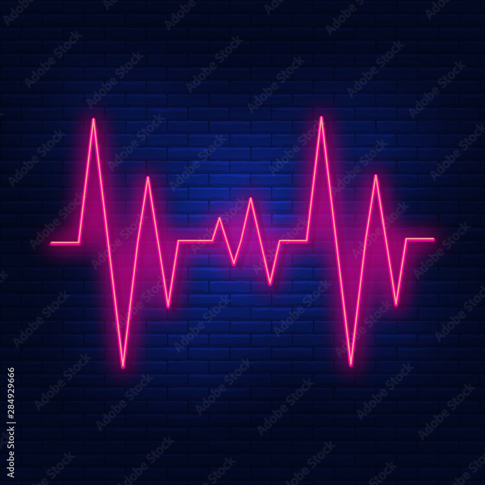 Neon illumination of cardiogram. A bright advertisement for a heartbeat. Modern vector logo, banner, shield, drawing Electrocardiography. Night advertising on the background of a brick wall. Neon illumination of cardiogram. A bright advertisement for a heartbeat. Modern vector logo, banner, shield, drawing Electrocardiography. Night advertising on the background of a brick wall.
