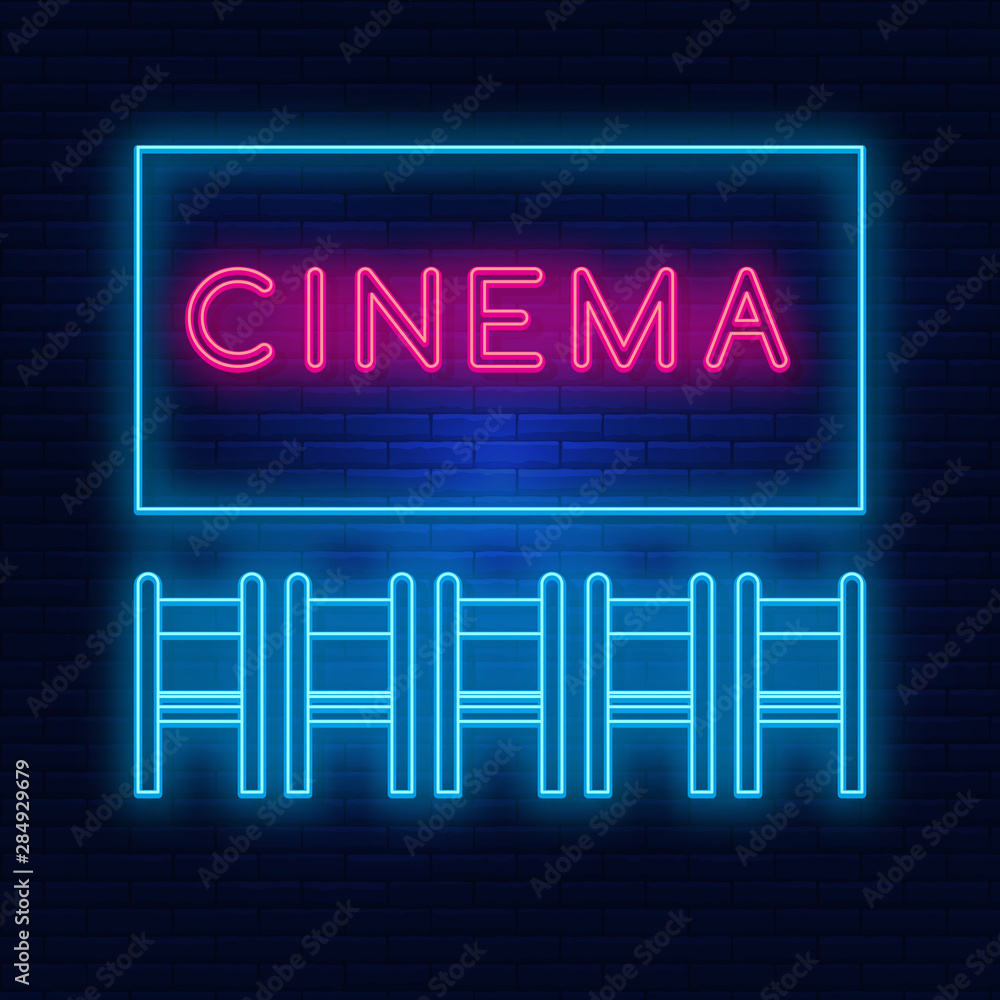 Neon lighting of the cinema. Bright advertising cinema hall. Modern vector logo, banner, shield, movie viewing pattern, chairs. Night advertising on the background of a brick wall.