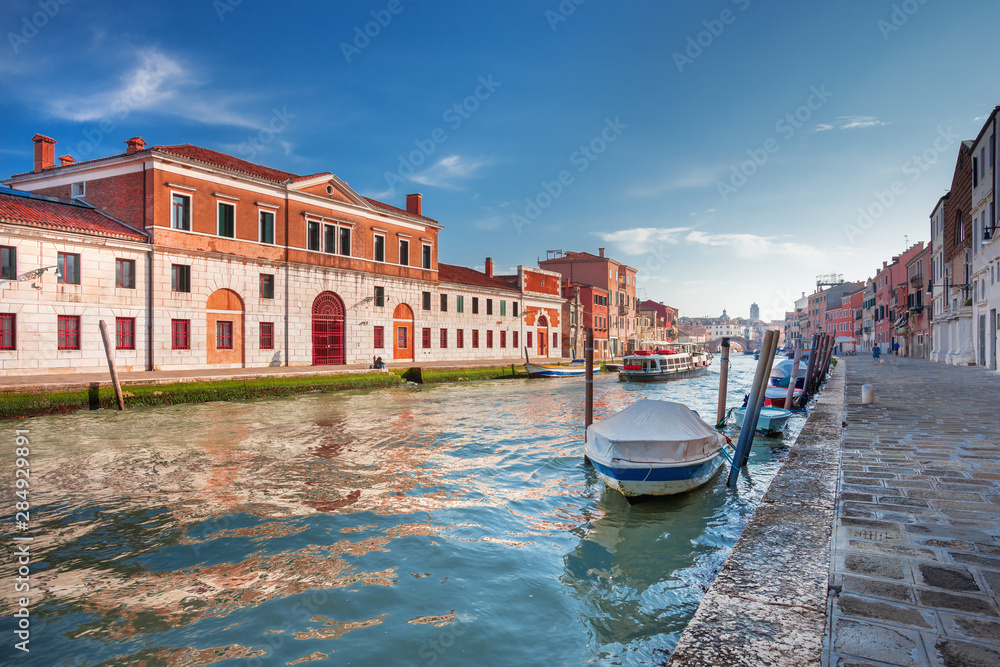 View on romantic narrow canal in Venice city, Italy