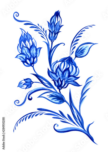 Bouquet of fabulous blue flowers in the Dutch style, Delft, Chinese porcelain, Gzhel. Floral motif for painting ceramics and porcelain, print for other designs, watercolor isolated on white background photo