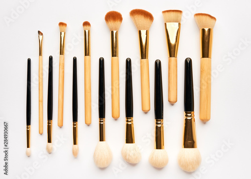 make-up brushes on white background, set of brushes, place for inscriptions, makeup artist equipment