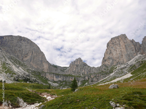 meravigliosa vista delle suggestive cime dolomitiche in estate, tra verde e rocce