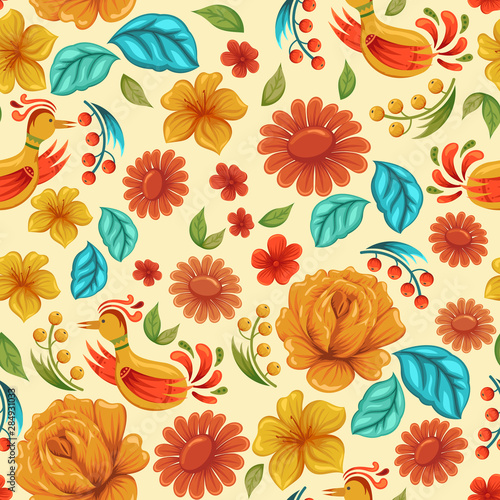 Seamless pattern with folk floral ornaments in Russian style