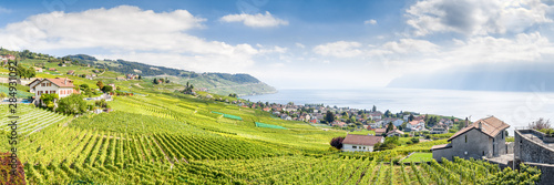 Obraz na płótnie The Lavaux Vineyard Terraces, stretching for about 30 km along the south-facing northern shores of Lake Geneva from the Chateau de Chillon to the eastern outskirts of Lausanne in the Vaud region