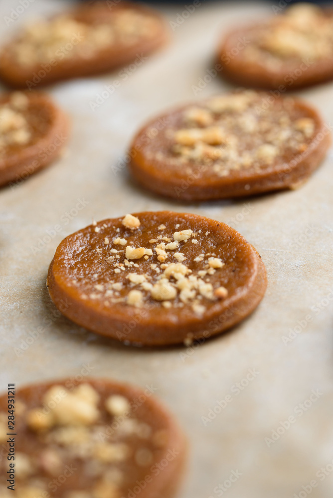 Fragrant gingerbread cookies with nuts. The process of baking gingerbread.