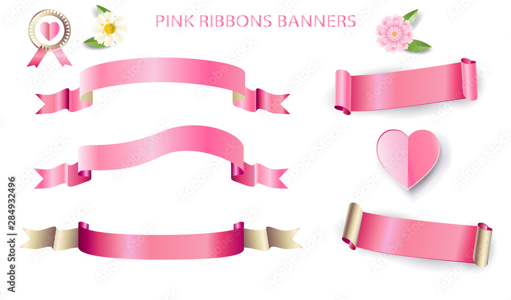 Pink ribbon banner, heart icon isolated on white background, set vector 3D  realistic illustration. Ribbon pink color Wedding Mothers Day Birthday  Valentines Day ribbon Anniversary, baby, girl, decor Stock Vector