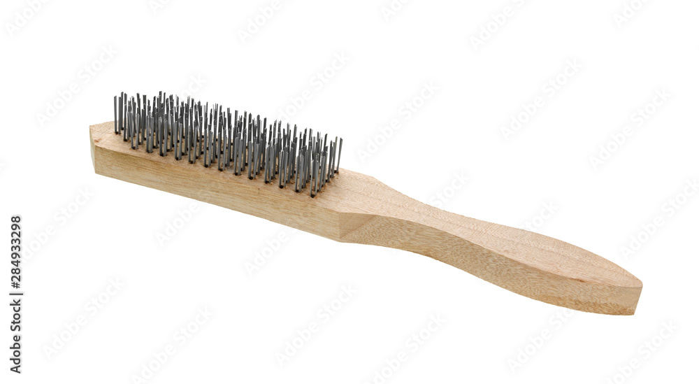 Wire brush with wooden handle on white Wire brush with wooden handle on white