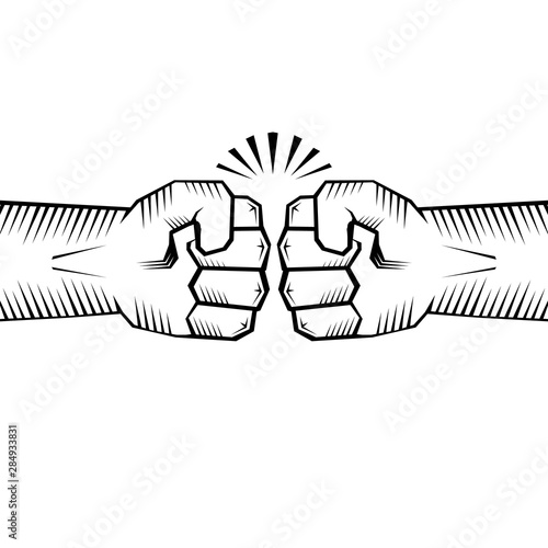 Two clenched fists bumping. Conflict, protest, brotherhood or clash concept vector illustration