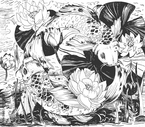 Japanese flowers, fish seamless pattern