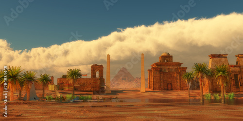 Принти на полотні Ancient Egyptian City - A legendary Egyptian city in the desert next to the Nile river full of buildings and a pyramid