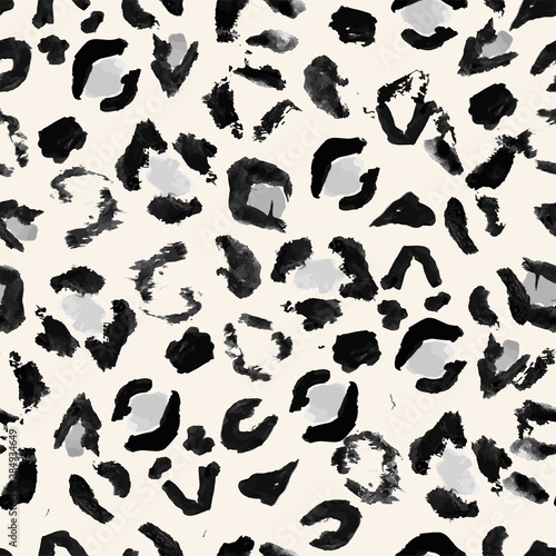 Vector illustration hand drawn leopard print seamless pattern. Black and white background