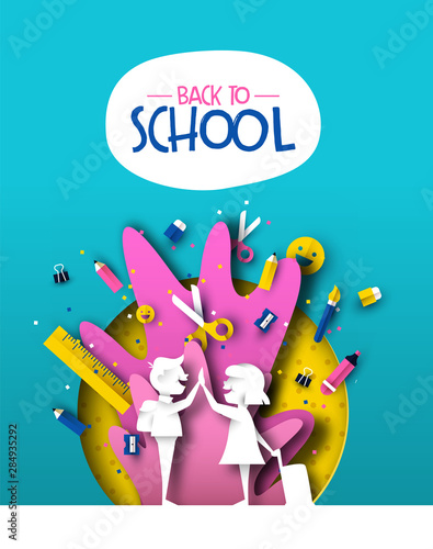 Back to school papercut kid friends and supplies