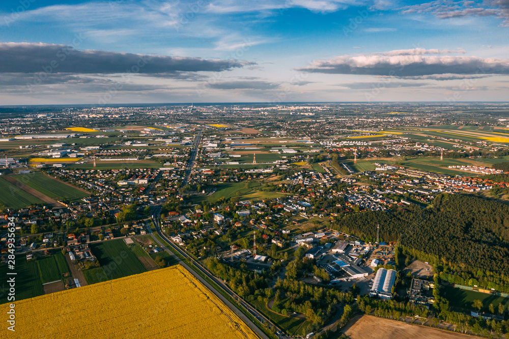 Fototapeta premium Aerial drone photography of a modern suburban area, Greater Poland.