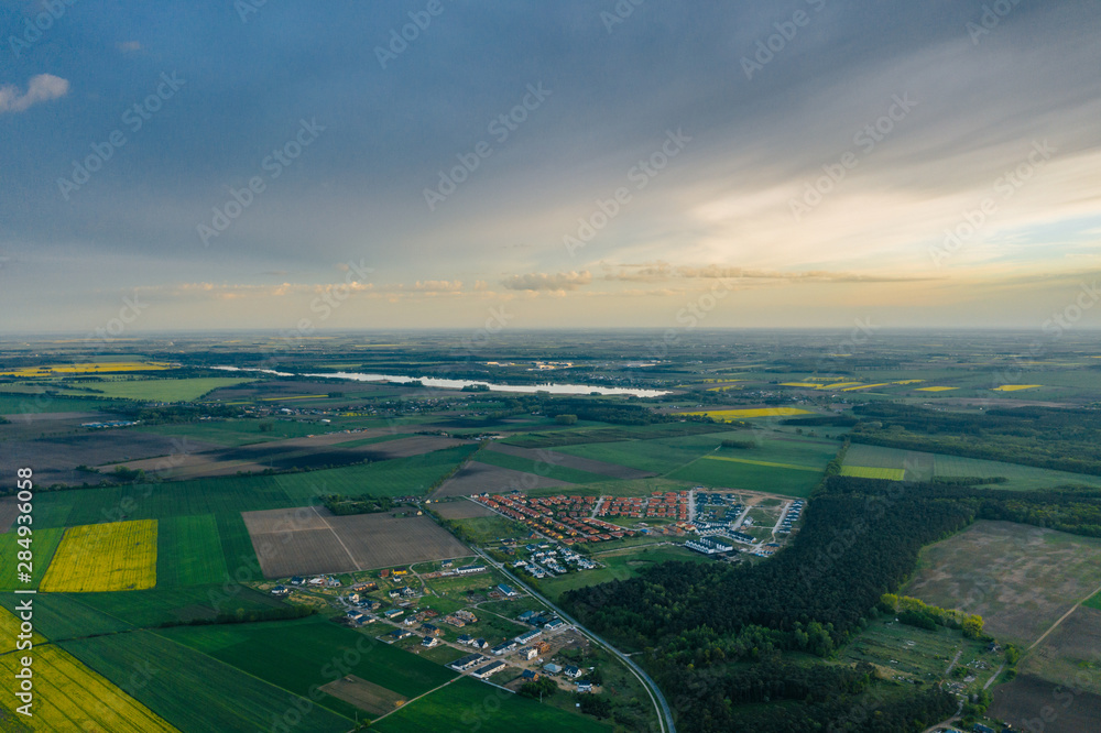 Aerial drone photography of agricultural fields. Beautiful rural landscape of Greater Poland.