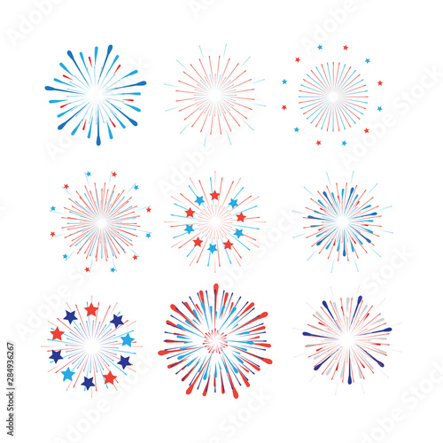 Firework Happy Independence day party holiday festive symbols fireworks isolated set symbols american flag color red blue white background, vector icon star burst flat simple design template pattern