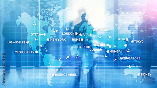 Global Aviation Abstract Background with planes and city names on a map. Business Travel Transportation concept. © Funtap
