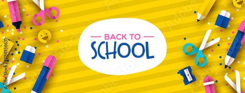 Fun back to school 3d papercut kid supplies banner