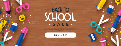 Back to school sale banner of papercut class icons