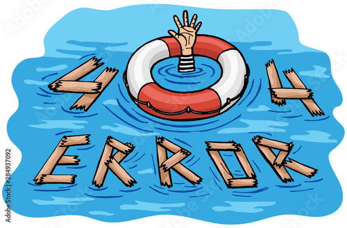 Sinking sailor after shipwreck. He s trying to escape using a lifeline.