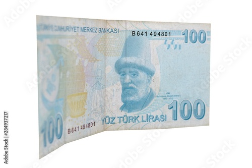 Turkish 100 lira banknote isolated on white background.