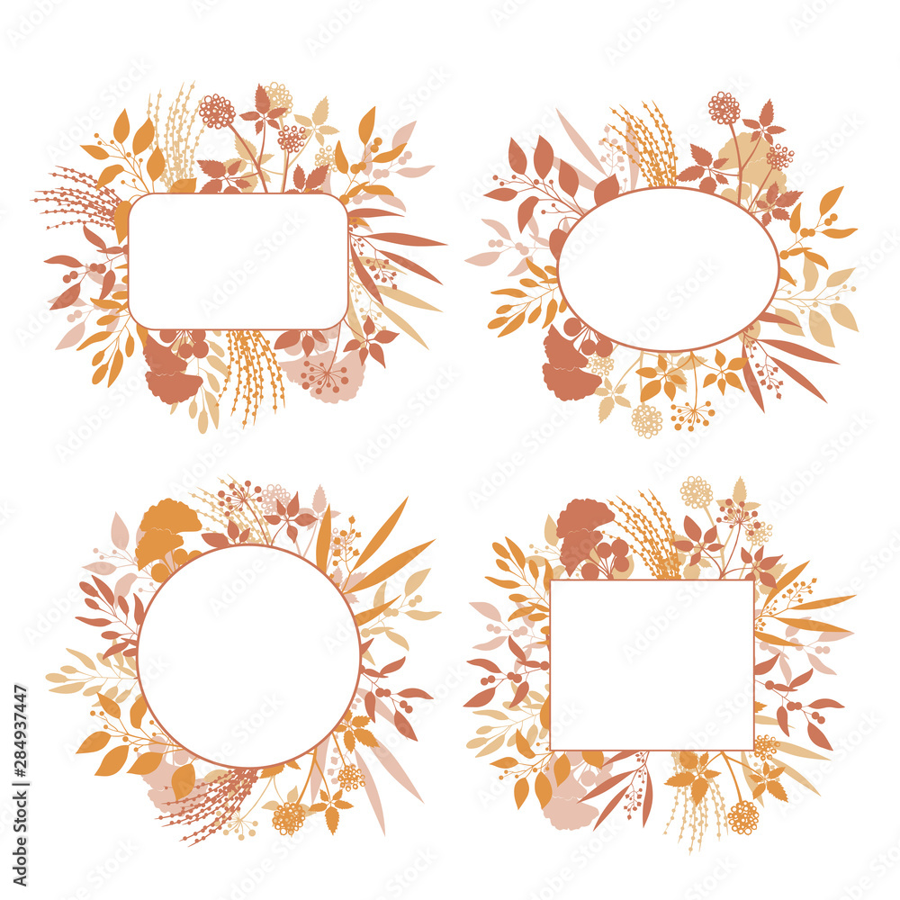 Set of autumn round and square vector frames with collection of plants. Silhouette of branches isolated on white background
