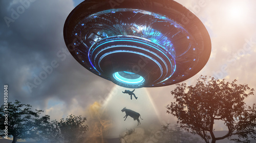 Man and cow floating to inside of ufo alien ship.   Concept of alien abduction 3d render photo