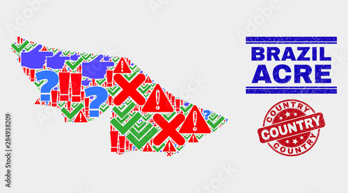 Symbolic Mosaic Acre State map and seal stamps. Red rounded Country distress seal. Colorful Acre State map mosaic of different random icons. Vector abstract composition.