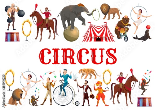 Circus animals, clowns and acrobatic equilibrists photo