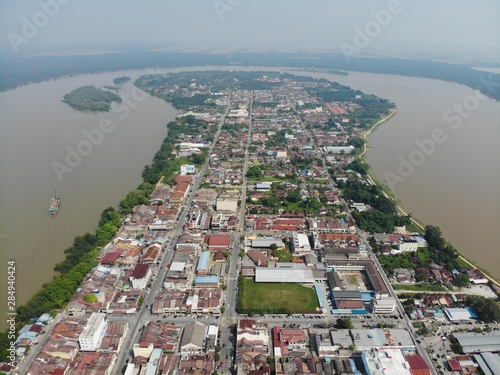 Aerial view of Teluk Intan town in Malaysia. Scenic view of riverside. photo