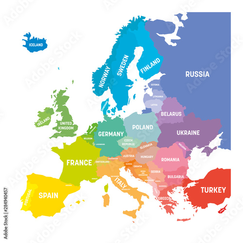 Map of Europe in colors of rainbow spectrum. With European countries names photo