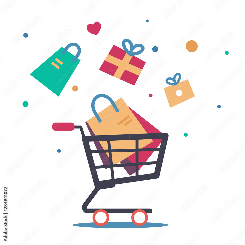 Sale background. Cart with gift boxes, paper bags, presents. Winter, summer, autumn, spring sale concept. Hand cart truck with presents. Vector in flat style