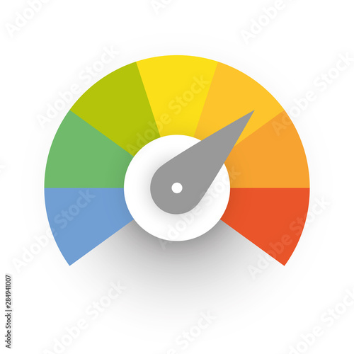 Multicolored spectrum radial gauge scale with arrow hand pointer. Satisfaction, temperature, risk, rating, performance and feedback indicator or speed tachometer. Vector illustration
